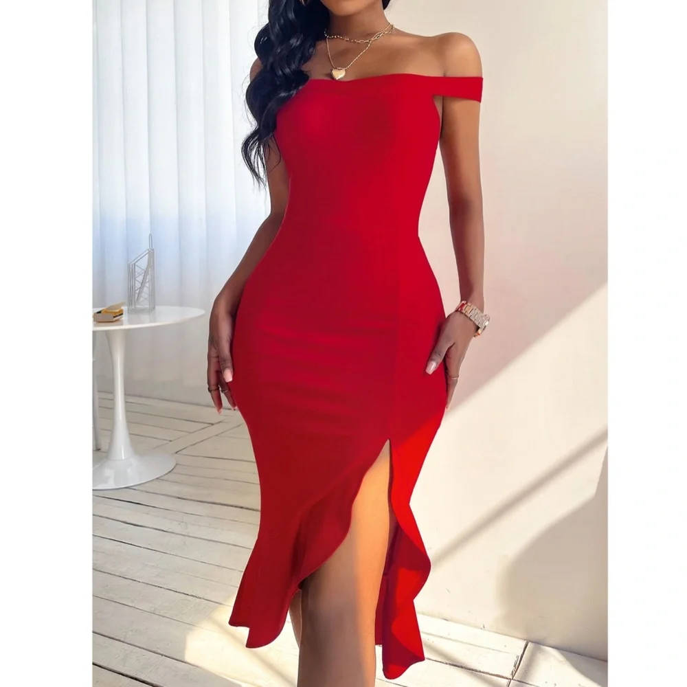 Off Shoulder Red Ruffle Detail Mermaid Dress - Picture 5 of 7